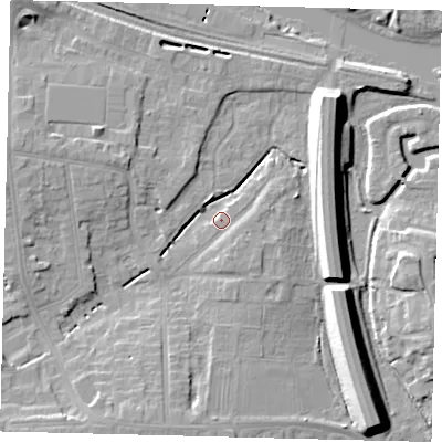 Shaded relief map of the ground around PE28BH, computed from Environment Agency LiDAR. The ground here sits at about 6 m above sea level and falls 10 m across the surrounding 800 m. Surface water reaching this point runs off ground lying to the south-south-west, 7.2 m higher.