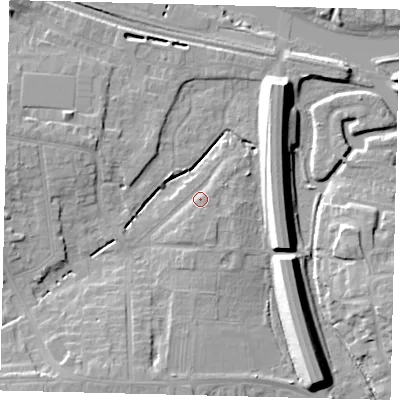 Shaded relief map of the ground around PE28BJ, computed from Environment Agency LiDAR. The ground here sits at about 7 m above sea level and falls 10 m across the surrounding 800 m. Surface water reaching this point runs off ground lying to the south-south-west, 5.9 m higher.