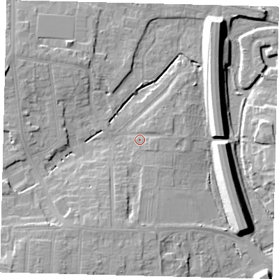 Shaded relief map of the ground around PE28BN, computed from Environment Agency LiDAR. The ground here sits at about 6 m above sea level and falls 10 m across the surrounding 800 m. Surface water reaching this point runs off ground lying to the south-south-west, 5.2 m higher.