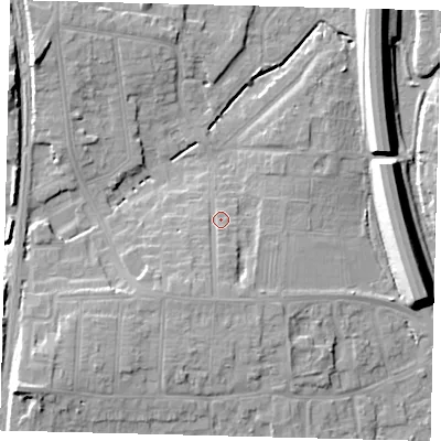 Shaded relief map of the ground around PE28BP, computed from Environment Agency LiDAR. The ground here sits at about 8 m above sea level and falls 12 m across the surrounding 800 m. Surface water reaching this point runs off ground lying to the south-south-west, 3.5 m higher.