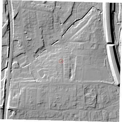 Shaded relief map of the ground around PE28BS, computed from Environment Agency LiDAR. The ground here sits at about 8 m above sea level and falls 12 m across the surrounding 800 m. Surface water reaching this point runs off ground lying to the south-south-west, 3.7 m higher.