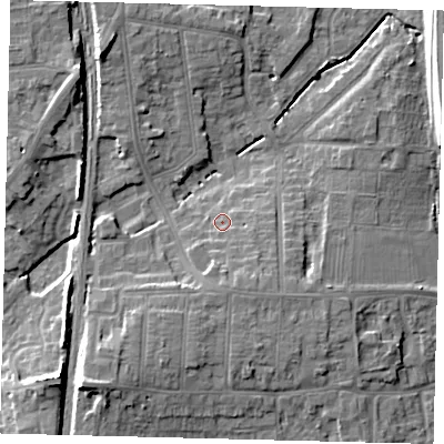Shaded relief map of the ground around PE28BU, computed from Environment Agency LiDAR. The ground here sits at about 8 m above sea level and falls 12 m across the surrounding 800 m. Surface water reaching this point runs off ground lying to the south-east, 2.8 m higher.