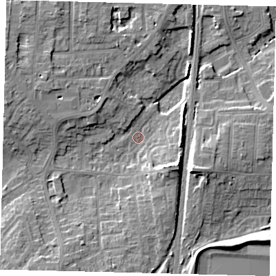 Shaded relief map of the ground around PE28EF, computed from Environment Agency LiDAR. The ground here sits at about 7 m above sea level and falls 11 m across the surrounding 800 m. Surface water reaching this point runs off ground lying to the south-east, 10.2 m higher.