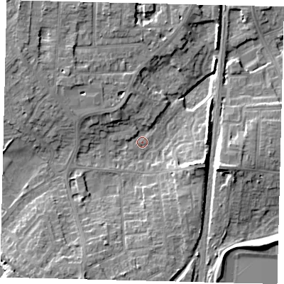Shaded relief map of the ground around PE28EG, computed from Environment Agency LiDAR. The ground here sits at about 8 m above sea level and falls 11 m across the surrounding 800 m. Surface water reaching this point runs off ground lying to the east-south-east, 10.5 m higher.