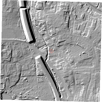 Shaded relief map of the ground around PE28ES, computed from Environment Agency LiDAR. The ground here sits at about 5 m above sea level and falls 10 m across the surrounding 800 m. Surface water reaching this point runs off ground lying to the west-south-west, 8.6 m higher.
