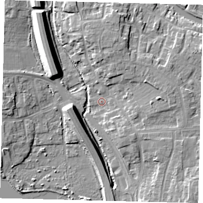 Shaded relief map of the ground around PE28ET, computed from Environment Agency LiDAR. The ground here sits at about 6 m above sea level and falls 10 m across the surrounding 800 m. Surface water reaching this point runs off ground lying to the east, 5.5 m higher.