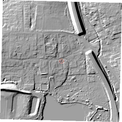 Shaded relief map of the ground around PE28EW, computed from Environment Agency LiDAR. The ground here sits at about 6 m above sea level and falls 10 m across the surrounding 800 m. Surface water reaching this point runs off ground lying to the west-north-west, 5.0 m higher.