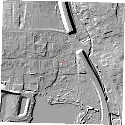 Shaded relief map of the ground around PE28FD, computed from Environment Agency LiDAR. The ground here sits at about 5 m above sea level and falls 10 m across the surrounding 800 m. Surface water reaching this point runs off ground lying to the west-north-west, 5.8 m higher.