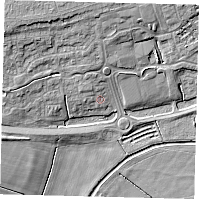 Shaded relief map of the ground around PE28FQ, computed from Environment Agency LiDAR. The ground here sits at about 4 m above sea level and falls 13 m across the surrounding 800 m. Surface water reaching this point runs off ground lying to the north-west, 2.3 m higher.