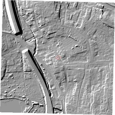 Shaded relief map of the ground around PE28HA, computed from Environment Agency LiDAR. The ground here sits at about 8 m above sea level and falls 9 m across the surrounding 800 m. Surface water reaching this point runs off ground lying to the south-east, 5.6 m higher.