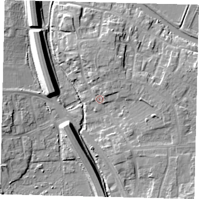 Shaded relief map of the ground around PE28HE, computed from Environment Agency LiDAR. The ground here sits at about 7 m above sea level and falls 10 m across the surrounding 800 m. Surface water reaching this point runs off ground lying to the north-east, 3.9 m higher.