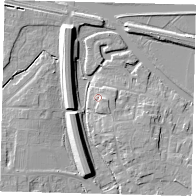 Shaded relief map of the ground around PE28HH, computed from Environment Agency LiDAR. The ground here sits at about 7 m above sea level and falls 11 m across the surrounding 800 m. Surface water reaching this point runs off ground lying to the east-south-east, 4.3 m higher.