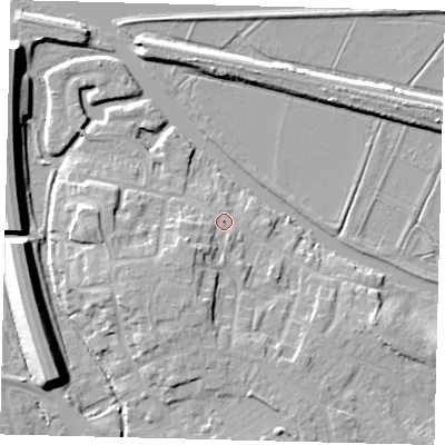 Shaded relief map of the ground around PE28HR, computed from Environment Agency LiDAR. The ground here sits at about 6 m above sea level and falls 11 m across the surrounding 800 m. Surface water reaching this point runs off ground lying to the south-south-west, 5.0 m higher.