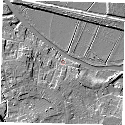 Shaded relief map of the ground around PE28HS, computed from Environment Agency LiDAR. The ground here sits at about 6 m above sea level and falls 9 m across the surrounding 800 m. Surface water reaching this point runs off ground lying to the south, 2.7 m higher.