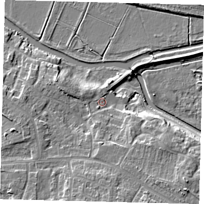 Shaded relief map of the ground around PE28HZ, computed from Environment Agency LiDAR. The ground here sits at about 7 m above sea level and falls 12 m across the surrounding 800 m. Surface water reaching this point runs off ground lying to the south-south-east, 6.6 m higher.