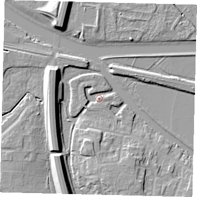 Shaded relief map of the ground around PE28JN, computed from Environment Agency LiDAR. The ground here sits at about 5 m above sea level and falls 11 m across the surrounding 800 m. Surface water reaching this point runs off ground lying to the west-north-west, 2.8 m higher.