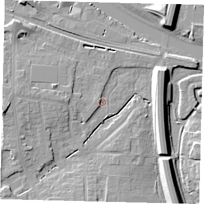 Shaded relief map of the ground around PE28NG, computed from Environment Agency LiDAR. The ground here sits at about 6 m above sea level and falls 11 m across the surrounding 800 m. Surface water reaching this point runs off ground lying to the west, 6.7 m higher.