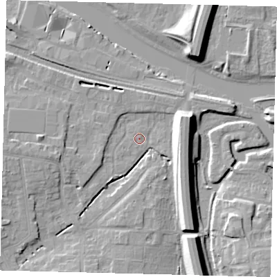 Shaded relief map of the ground around PE28NH, computed from Environment Agency LiDAR. The ground here sits at about 5 m above sea level and falls 11 m across the surrounding 800 m. Surface water reaching this point runs off ground lying to the west, 6.1 m higher.