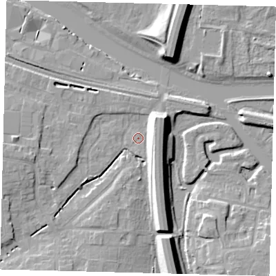 Shaded relief map of the ground around PE28NJ, computed from Environment Agency LiDAR. The ground here sits at about 6 m above sea level and falls 11 m across the surrounding 800 m. Surface water reaching this point runs off ground lying to the north-east, 8.4 m higher.