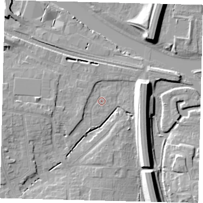 Shaded relief map of the ground around PE28NQ, computed from Environment Agency LiDAR. The ground here sits at about 6 m above sea level and falls 11 m across the surrounding 800 m. Surface water reaching this point runs off ground lying to the west, 6.5 m higher.