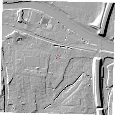 Shaded relief map of the ground around PE28NS, computed from Environment Agency LiDAR. The ground here sits at about 7 m above sea level and falls 11 m across the surrounding 800 m. Surface water reaching this point runs off ground lying to the south-west, 5.0 m higher.