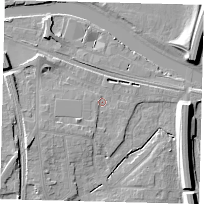Shaded relief map of the ground around PE28NY, computed from Environment Agency LiDAR. The ground here sits at about 7 m above sea level and falls 11 m across the surrounding 800 m. Surface water reaching this point runs off ground lying to the south-south-west, 5.0 m higher.