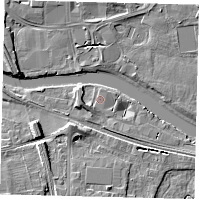 Shaded relief map of the ground around PE28ST, computed from Environment Agency LiDAR. The ground here sits at about 6 m above sea level and falls 9 m across the surrounding 800 m. Surface water reaching this point runs off ground lying to the west-south-west, 3.1 m higher.