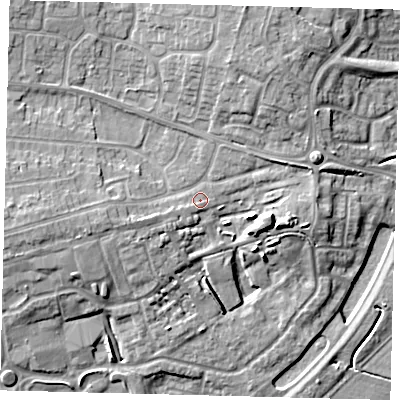 Shaded relief map of the ground around PE28TX, computed from Environment Agency LiDAR. The ground here sits at about 8 m above sea level and falls 10 m across the surrounding 800 m. Surface water reaching this point runs off ground lying to the west-south-west, 1.5 m higher.