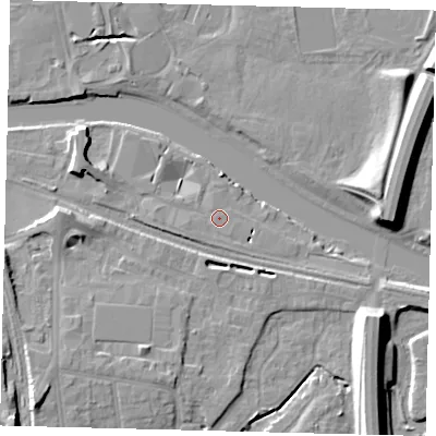 Shaded relief map of the ground around PE28TY, computed from Environment Agency LiDAR. The ground here sits at about 6 m above sea level and falls 11 m across the surrounding 800 m. Surface water reaching this point runs off ground lying to the west-south-west, 3.2 m higher.