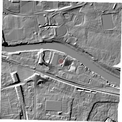Shaded relief map of the ground around PE28UD, computed from Environment Agency LiDAR. The ground here sits at about 5 m above sea level and falls 9 m across the surrounding 800 m. Surface water reaching this point runs off ground lying to the north, 1.2 m higher.