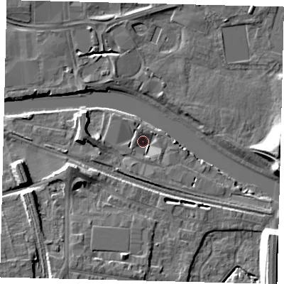 Shaded relief map of the ground around PE28UE, computed from Environment Agency LiDAR. The ground here sits at about 4 m above sea level and falls 11 m across the surrounding 800 m. Surface water reaching this point runs off ground lying to the west, 6.6 m higher.