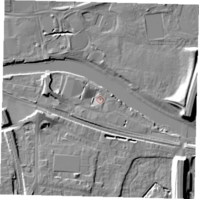 Shaded relief map of the ground around PE28WA, computed from Environment Agency LiDAR. The ground here sits at about 4 m above sea level and falls 11 m across the surrounding 800 m. Surface water reaching this point runs off ground lying to the south, 3.2 m higher.