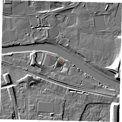 Shaded relief map of the ground around PE28WB, computed from Environment Agency LiDAR. The ground here sits at about 5 m above sea level and falls 11 m across the surrounding 800 m. Surface water reaching this point runs off ground lying to the east-south-east, 10.9 m higher.