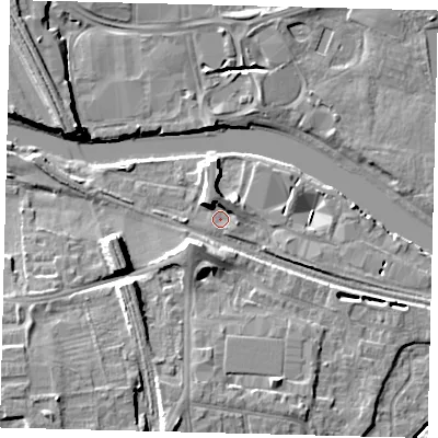 Shaded relief map of the ground around PE28YY, computed from Environment Agency LiDAR. The ground here sits at about 6 m above sea level and falls 10 m across the surrounding 800 m. Surface water reaching this point runs off ground lying to the north-north-west, 4.2 m higher.