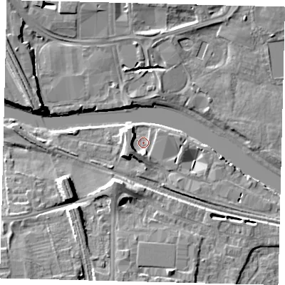 Shaded relief map of the ground around PE28ZB, computed from Environment Agency LiDAR. The ground here sits at about 5 m above sea level and falls 9 m across the surrounding 800 m. Surface water reaching this point runs off ground lying to the south-west, 5.3 m higher.