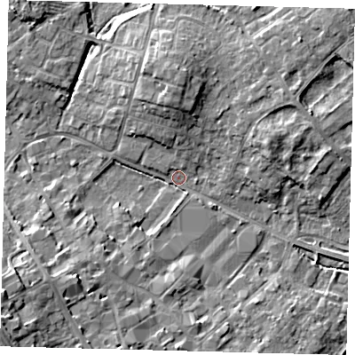 Shaded relief map of the ground around PE291HT, computed from Environment Agency LiDAR. The ground here sits at about 10 m above sea level and falls 11 m across the surrounding 800 m. Surface water reaching this point runs off ground lying to the south-west, 7.8 m higher.