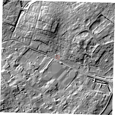 Shaded relief map of the ground around PE291HU, computed from Environment Agency LiDAR. The ground here sits at about 10 m above sea level and falls 11 m across the surrounding 800 m. Surface water reaching this point runs off ground lying to the south-west, 10.4 m higher.