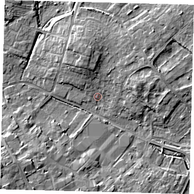 Shaded relief map of the ground around PE291HY, computed from Environment Agency LiDAR. The ground here sits at about 11 m above sea level and falls 11 m across the surrounding 800 m. Surface water reaching this point runs off ground lying to the north, 6.1 m higher.
