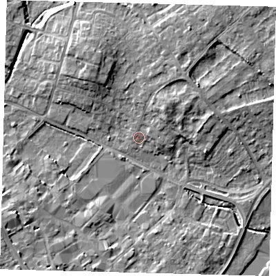 Shaded relief map of the ground around PE291JP, computed from Environment Agency LiDAR. The ground here sits at about 11 m above sea level and falls 9 m across the surrounding 800 m. Surface water reaching this point runs off ground lying to the north-east, 4.7 m higher.