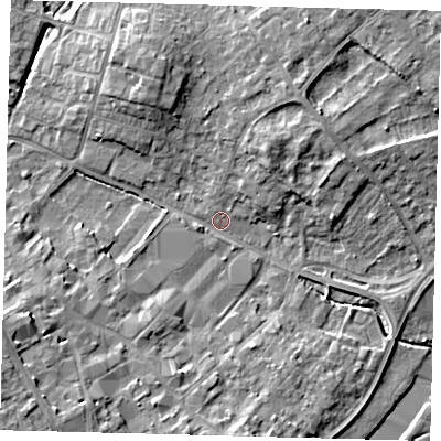 Shaded relief map of the ground around PE291JR, computed from Environment Agency LiDAR. The ground here sits at about 10 m above sea level and falls 9 m across the surrounding 800 m. Surface water reaching this point runs off ground lying to the south-west, 8.5 m higher.
