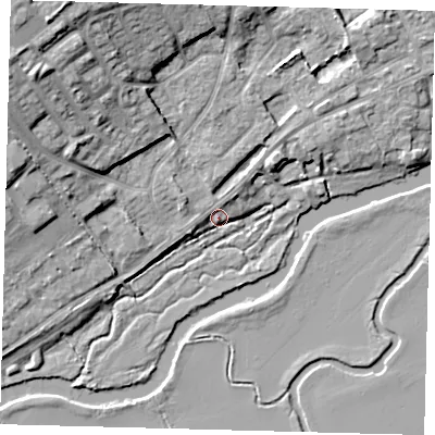 Shaded relief map of the ground around PE291XN, computed from Environment Agency LiDAR. The ground here sits at about 10 m above sea level and falls 15 m across the surrounding 800 m. Surface water reaching this point runs off ground lying to the north, 2.6 m higher.