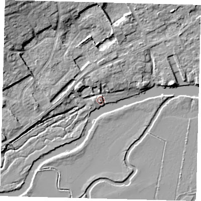 Shaded relief map of the ground around PE291XP, computed from Environment Agency LiDAR. The ground here sits at about 10 m above sea level and falls 14 m across the surrounding 800 m. Surface water reaching this point runs off ground lying to the north-north-west, 3.4 m higher.