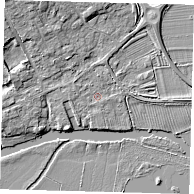 Shaded relief map of the ground around PE291YD, computed from Environment Agency LiDAR. The ground here sits at about 10 m above sea level and falls 8 m across the surrounding 800 m. Surface water reaching this point runs off ground lying to the west, 1.4 m higher.
