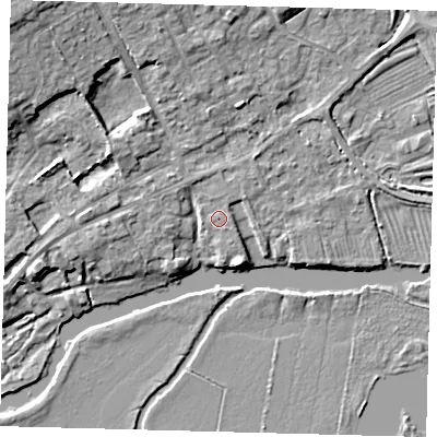 Shaded relief map of the ground around PE291YF, computed from Environment Agency LiDAR. The ground here sits at about 10 m above sea level and falls 10 m across the surrounding 800 m. The ground contributing surface water to this point lies to the north-north-east.