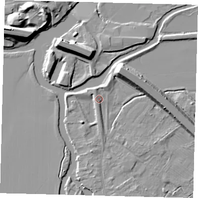 Shaded relief map of the ground around PE292AE, computed from Environment Agency LiDAR. The ground here sits at about 10 m above sea level and falls 13 m across the surrounding 800 m. Surface water reaching this point runs off ground lying to the south, 2.6 m higher.