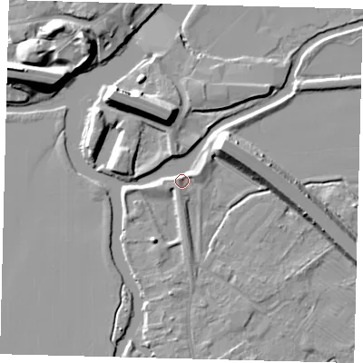 Shaded relief map of the ground around PE292AF, computed from Environment Agency LiDAR. The ground here sits at about 10 m above sea level and falls 13 m across the surrounding 800 m. Surface water reaching this point runs off ground lying to the west-north-west, 2.7 m higher.