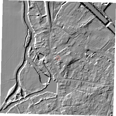Shaded relief map of the ground around PE292AH, computed from Environment Agency LiDAR. The ground here sits at about 11 m above sea level and falls 7 m across the surrounding 800 m. Surface water reaching this point runs off ground lying to the east-south-east, 0.9 m higher.