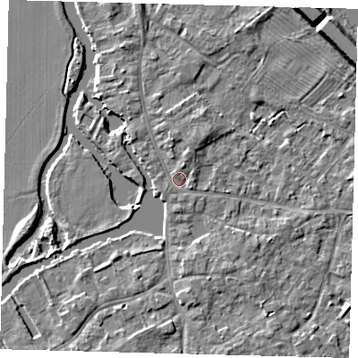 Shaded relief map of the ground around PE292AJ, computed from Environment Agency LiDAR. The ground here sits at about 10 m above sea level and falls 6 m across the surrounding 800 m. Surface water reaching this point runs off ground lying to the north, 1.5 m higher.