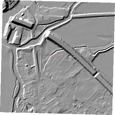 Shaded relief map of the ground around PE292AN, computed from Environment Agency LiDAR. The ground here sits at about 9 m above sea level and falls 12 m across the surrounding 800 m. The ground contributing surface water to this point lies to the south-west.