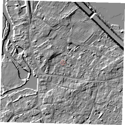 Shaded relief map of the ground around PE292AP, computed from Environment Agency LiDAR. The ground here sits at about 10 m above sea level and falls 7 m across the surrounding 800 m. Surface water reaching this point runs off ground lying to the west-north-west, 2.4 m higher.